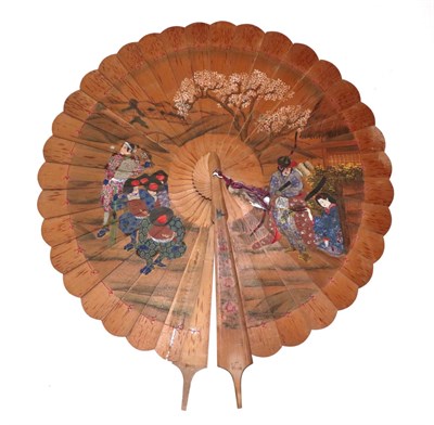 Lot 4223 - An Oversized Chinese Wood Cockade Fan, the natural wood panels painted to the recto with a...