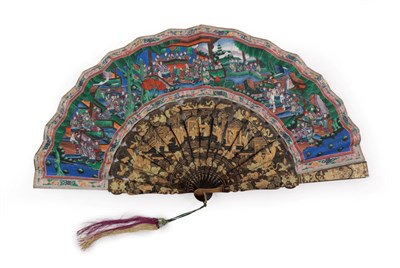 Lot 4224 - A Good Chinese Mandarin Fan, circa 1860's, contained in a black lacquer fan box, the lid...