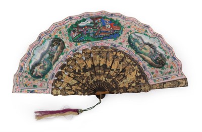 Lot 4224 - A Good Chinese Mandarin Fan, circa 1860's, contained in a black lacquer fan box, the lid...