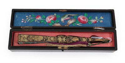 Lot 4224 - A Good Chinese Mandarin Fan, circa 1860's, contained in a black lacquer fan box, the lid...