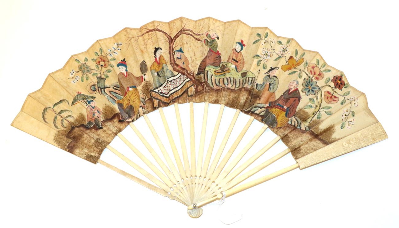 Lot 4225 - The Chinese Tea Ceremony: A Mid-18th Century Ivory Fan, the slender monture of ivory, the only...