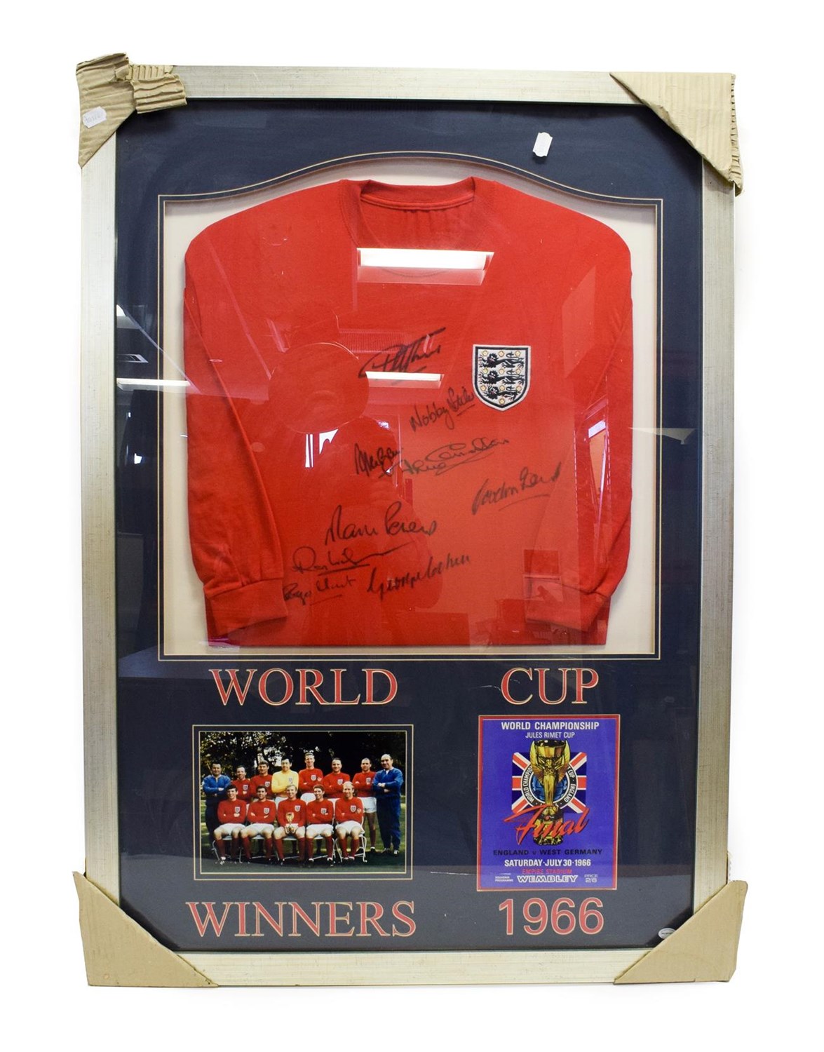 Lot 5005 - England 1966 World Cup Final Signed Shirt signed by nine players, framed with reproduction...
