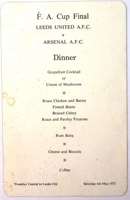 Lot 5006 - FA Cup Final Programme 1972 Arsenal V Leeds United 6th May with two menu cards (FA Cup Lunch...