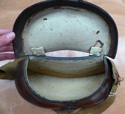 Lot 5045 - Rare Leather Pot Bellied Creel with embossed lid, brass fittings and canvas strap 13x6x7''