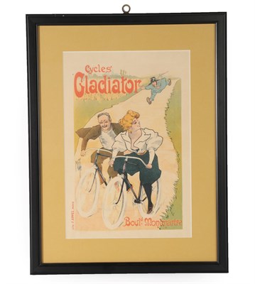 Lot 5067 - Cycles Gladiator Poster depicting a lady and gent pursued by a military gent in a nightshirt,...