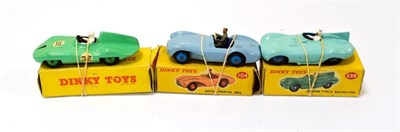 Lot 5282 - Dinky 104 Aston Martin DB3S blue road version (G-E box G-F) 236 Connaught and 238 D type Jaguar...