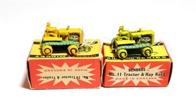 Lot 5325 - Benbros Mighty Midgets No.11 Tractor & Hay Rake light yellow with red rake No.19 Tractor and...