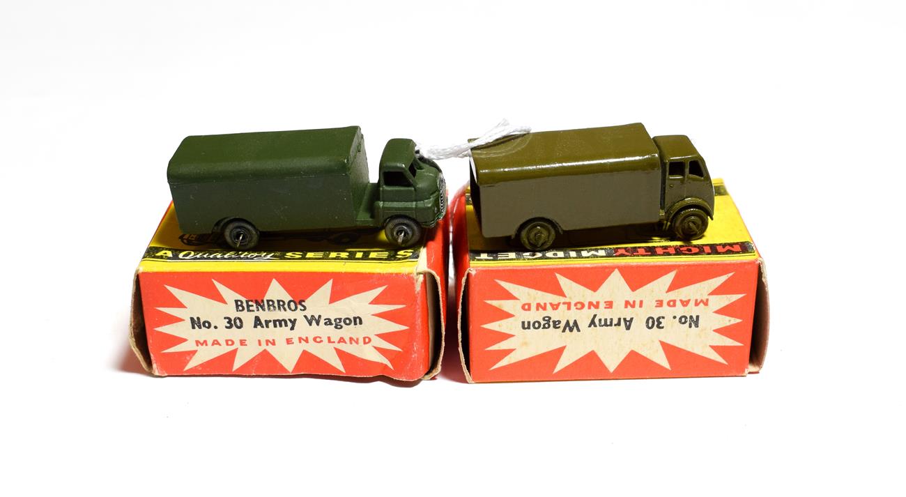Lot 5331 - Benbros Mighty Midgets No.30 Army Wagon (i) gloss green, MW (ii) matt green MW (both E boxes...