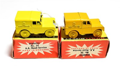 Lot 5333 - Benbros Mighty Midgets No.34 AA Road Service Land Rover (i) light yellow, painted wheels (ii)...