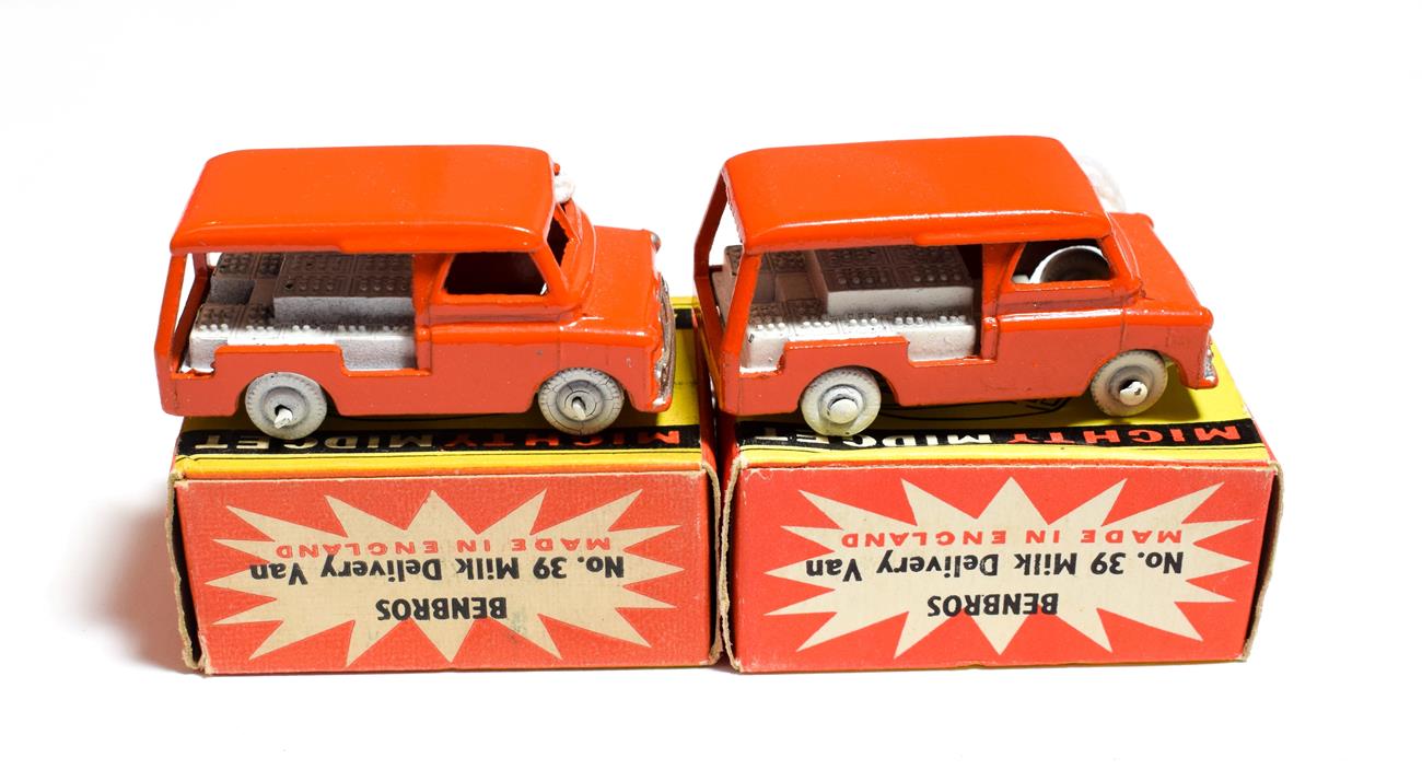 Lot 5334 - Benbros Mighty Midgets No.39 Milk Delivery Van two examples both orange with white painted...