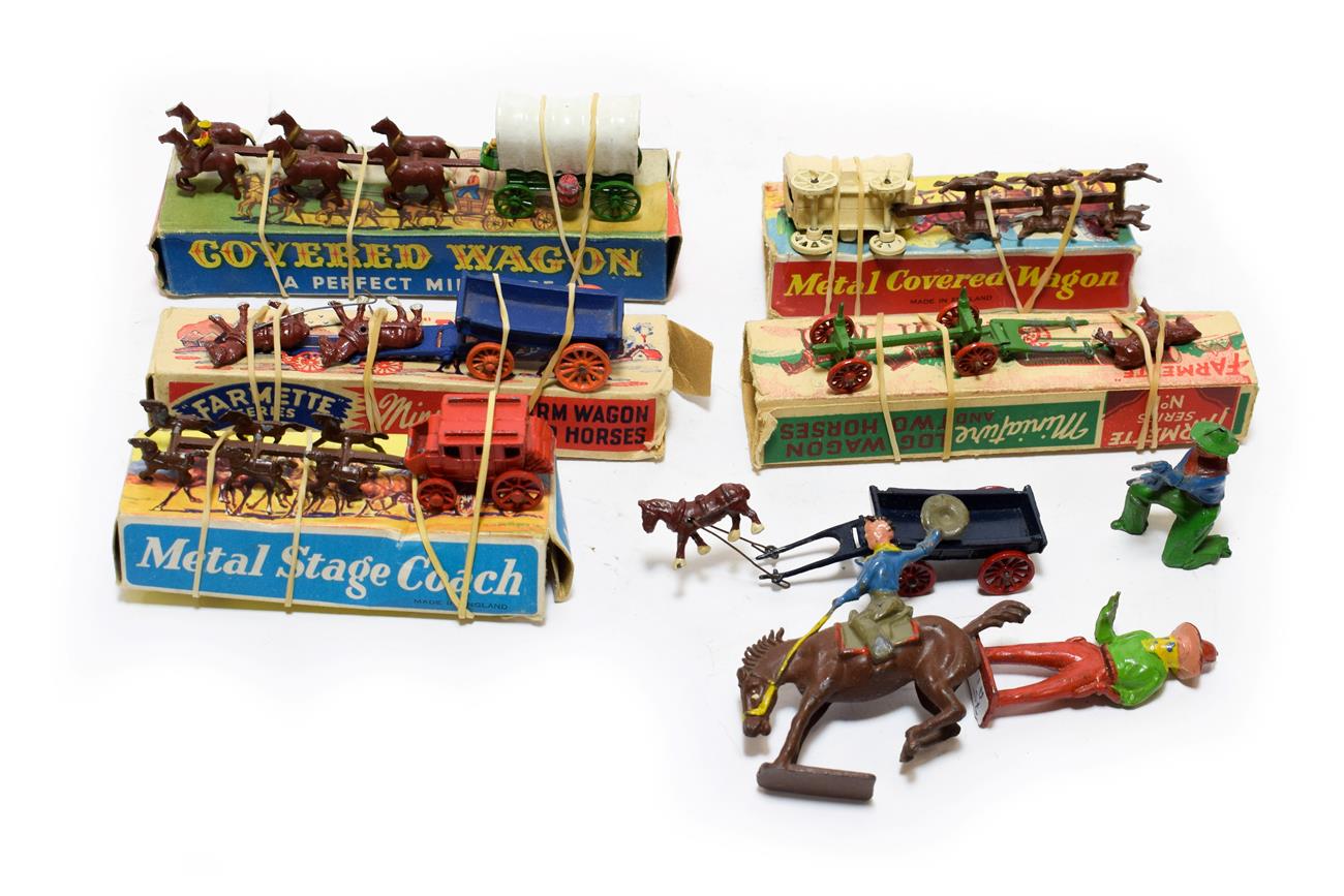 Lot 5359 - Various Horse Drawn Wagons including Lesney Covered wagon (G-E box G) Moko Farmette two horse...