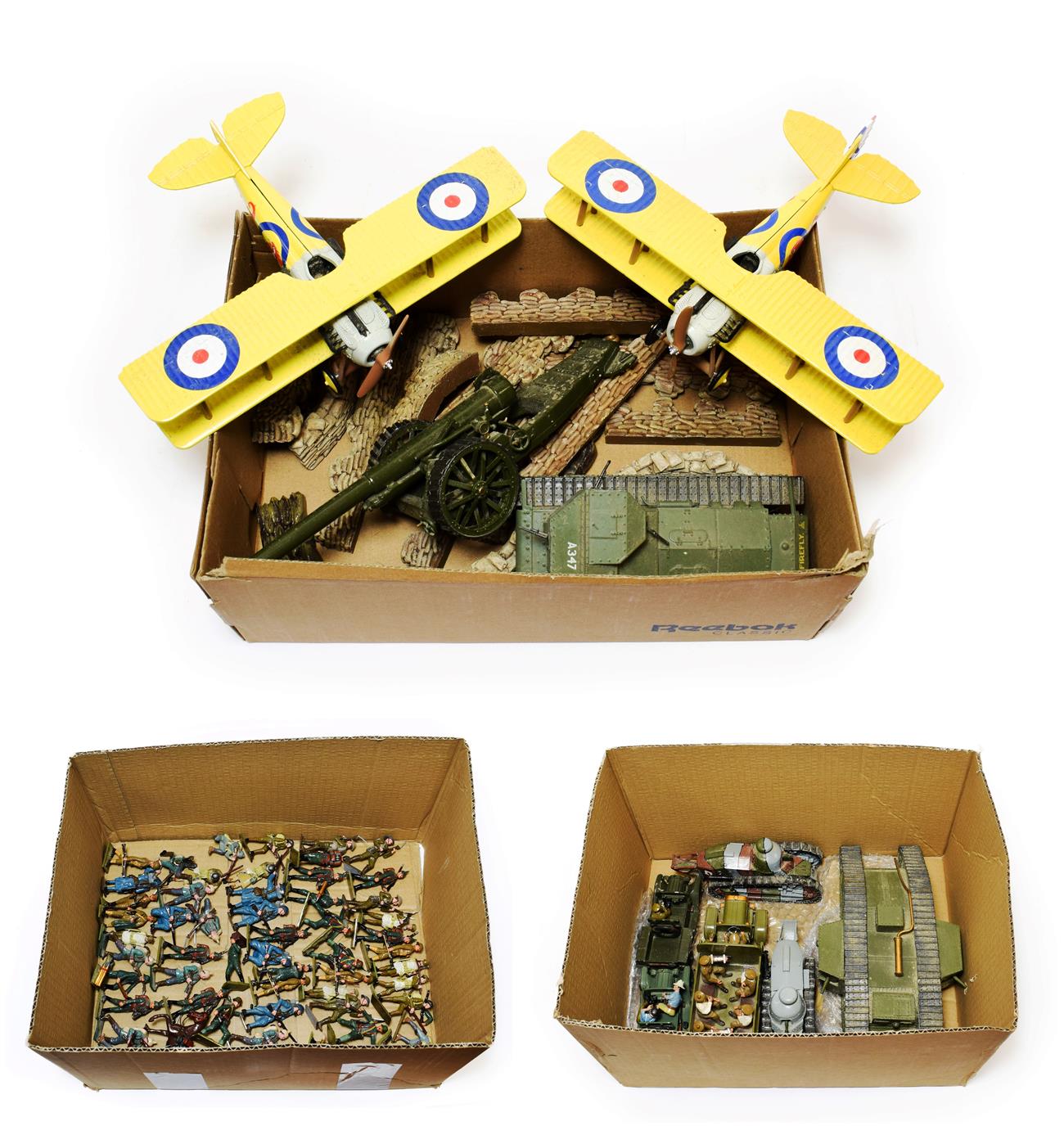 Lot 5408 - WWI Diecast Vehicle Group consisting of MkIV Tank, two Renault FT-17 tanks, RAMC Ambulance, two...