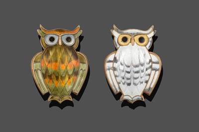 Lot 2055 - Two Enamel Owl Brooches, by David Andersen, the first guilloché enamelled in white and grey...