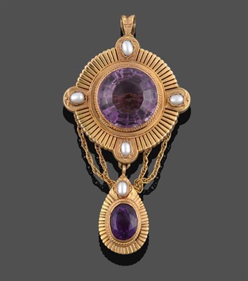 Lot 2191 - An Amethyst and Cultured Pearl Pendant/Brooch, a round cut amethyst in a yellow rubbed over setting