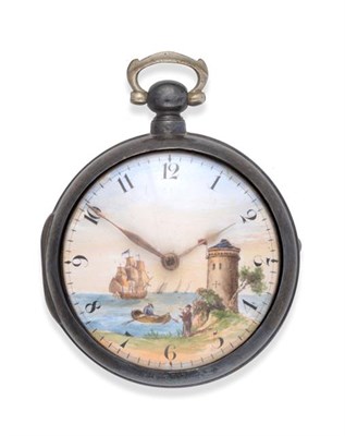 Lot 2284 - A Silver Pair Cased Verge Pocket Watch with a Painted Seascape Shipping Scene Dial, signed...