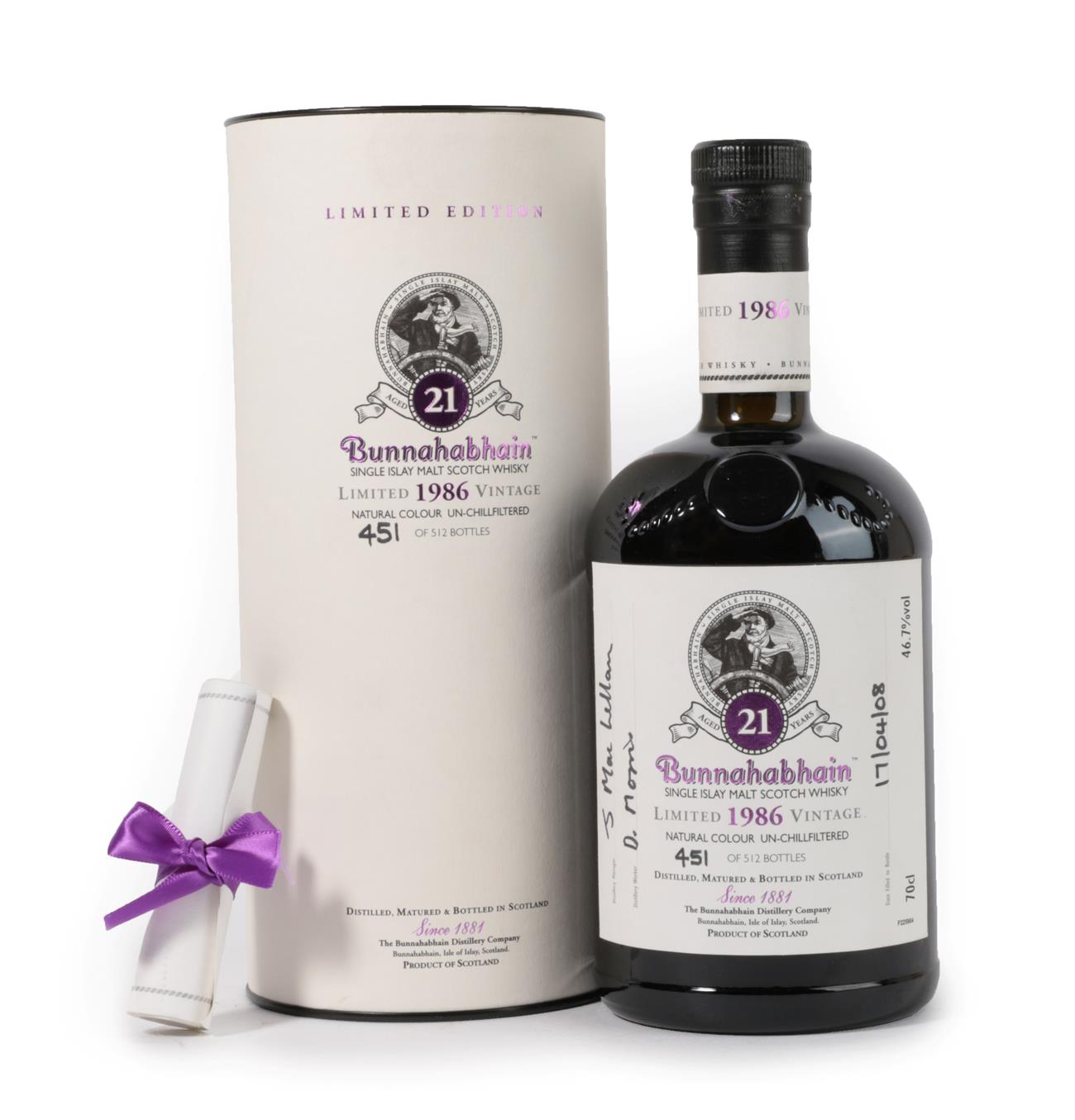 Lot 5112 - Bunnahabhain 1986 21 Years Old Single Islay Malt Scotch Whisky, Limited 1986 Vintage, number 451 of