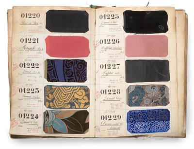 Lot 2007 - French Fabric Sample Album, early 20th century Titled 1912-13 Impressions Soies 37cm by 51cm by 8cm