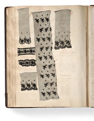 Lot 2027 - French Lace Sample Book, early 20th century Including an organdy embroidered head-dress and...