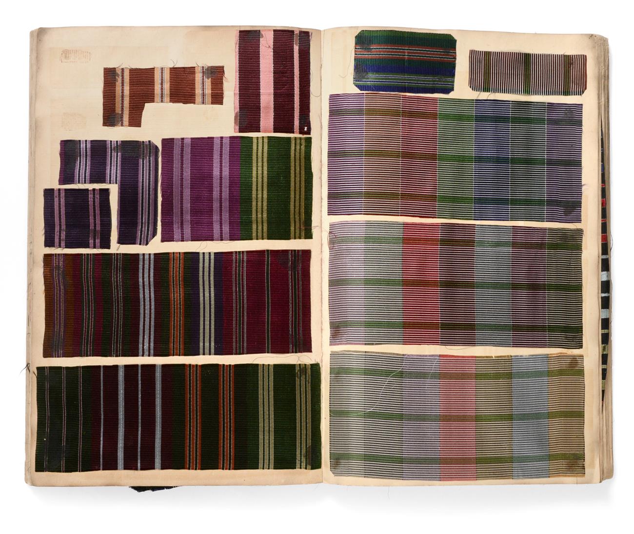 Lot 2028 - French Fabric Sample Book, early 20th century Including coloured silks for ties in stripes,...
