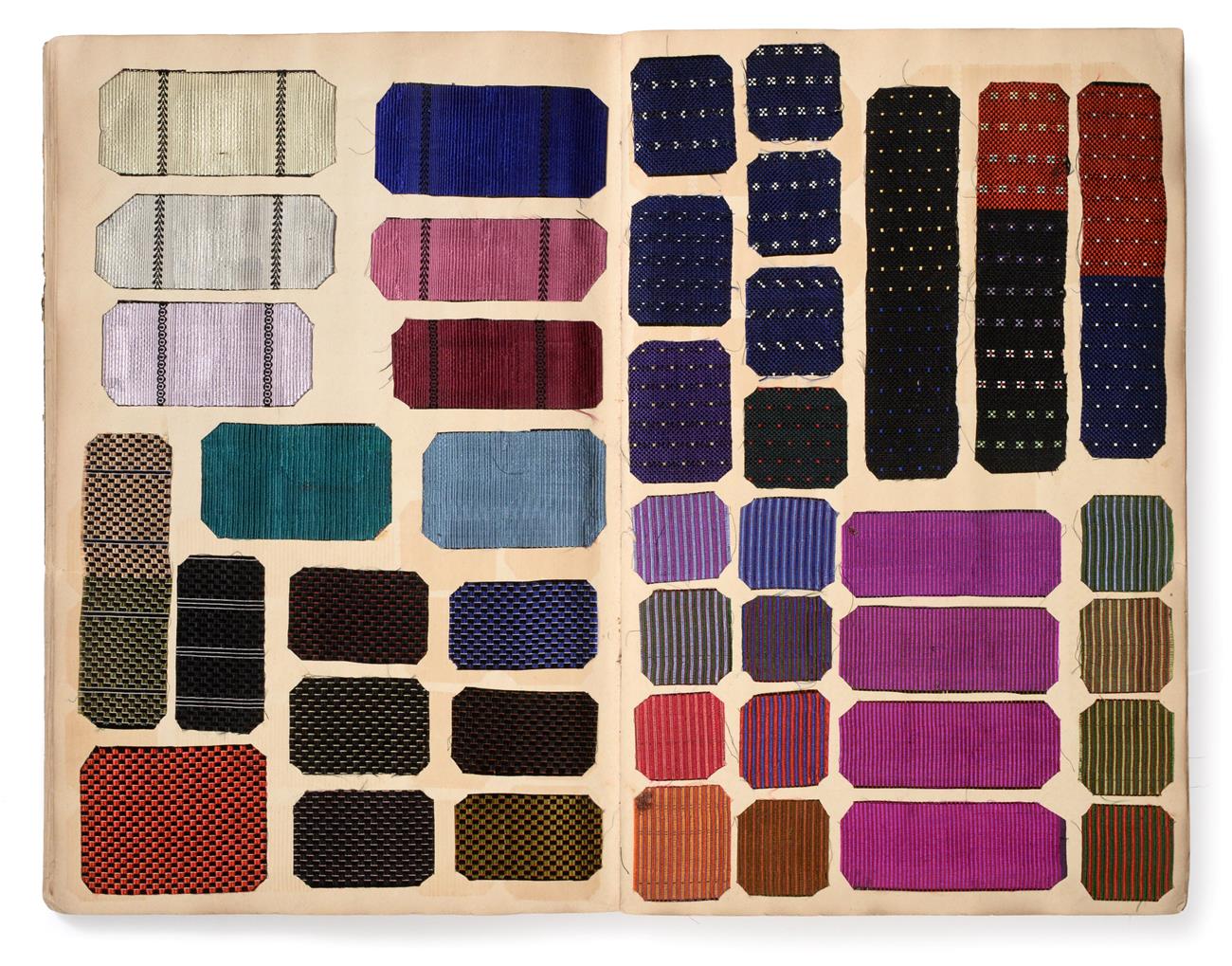 Lot 2034 - French Fabric Sample Book, early 20th century Including coloured silks for ties in stripes,...