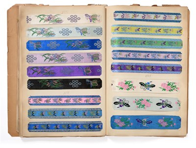 Lot 2041 - French Silk Ribbon Samples, early 20th century Enclosing decorative woven ribbons mainly in a...