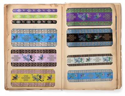 Lot 2042 - French Silk Ribbon Samples, early 20th century Enclosing decorative woven ribbons mainly in a...