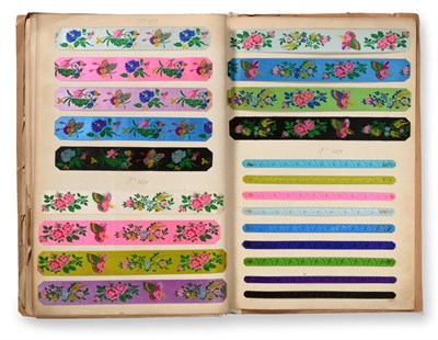 Lot 2042 - French Silk Ribbon Samples, early 20th century Enclosing decorative woven ribbons mainly in a...