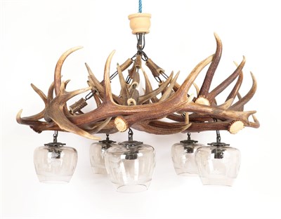 Lot 74 - Antler Furniture: A Red Deer Antler Mounted Chandelier, circa late 20th century, constructed...