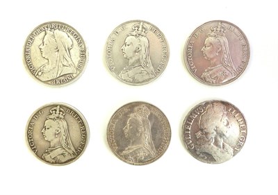 Lot 2030 - Crowns William III 1696 weak '6' in date Fine, Victoria 1888 EF, 1889 VF,1890 F, 1891GF, 1897...