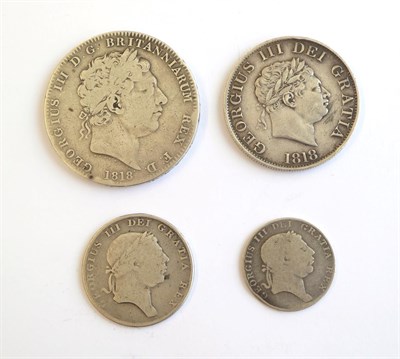 Lot 2065 - George III, 4 x Silver Coins comprising: crown 1818 LVIII contact marks/hairlines Fine,...