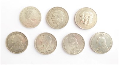 Lot 2070 - George IV Crown 1820, Victoria Crowns 1889, 1891, 2 x 1993, a George V 1935 Crown and a 1981...