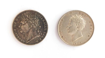 Lot 2072 - George IV, 2 x Halfcrowns comprising: 1820 laureate head, crowned garnished shield, very light...