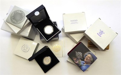 Lot 2106 - Royal Mint. Silver Proof Crowns All Boxed and with CoA's: QEII 70th Birthday 1996, Diana...