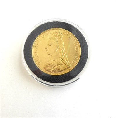 Lot 2109 - Victoria 1887 £5 Gold Quintuple Sovereign in London Mint Office Box and CoA GVF and better.