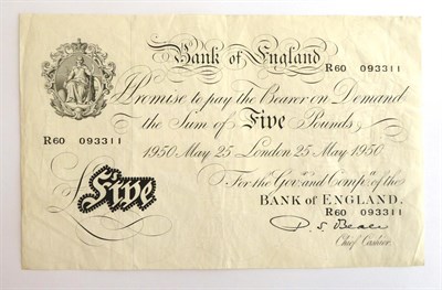 Lot 2210 - Bank of England White £5, Beale, London May 25 1950, serial No. R60 093311; faint handling...
