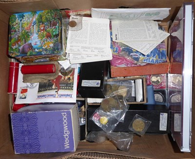 Lot 2236 - Banana Box of World Medals and Miscellaneous Crown size collectables