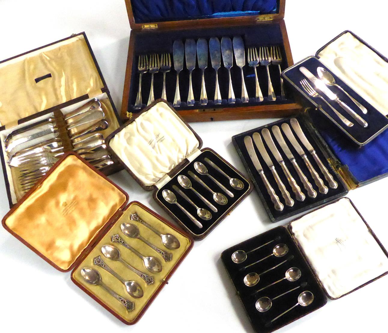 Lot 4 - A Collection of Silver and Silver Plate flatware, including: a cased set of Old English pattern...