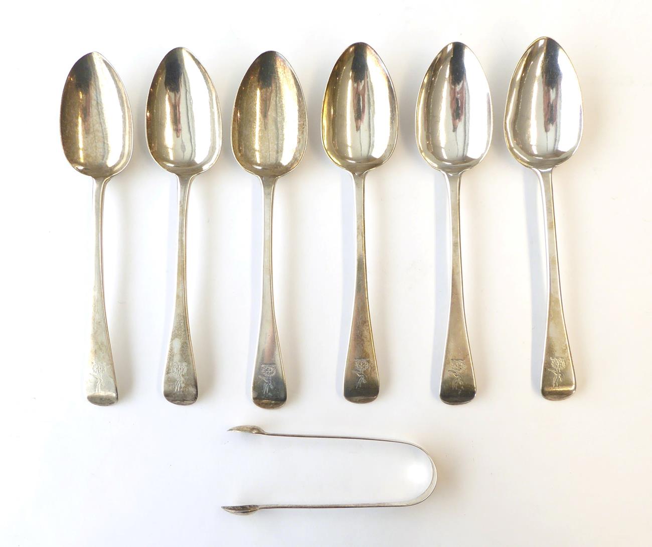Lot 55 - A Set of Six George IV Silver Table-Spoons and a Pair of George III Silver Sugar-Tongs, the...