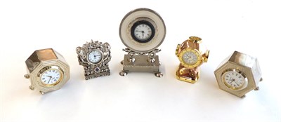 Lot 84 - Five Various Silver and Other Timepieces, comprising: two hexagonal silver mounted examples, on bun