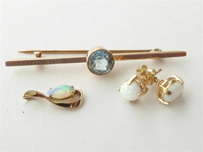 Lot 104 - An Aquamarine Bar Brooch, unmarked, length 5.7cm; A 9 Carat Gold Opal Pendant; and A Pair of...