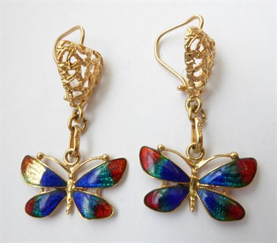 Lot 110 - A Pair of Enamel Butterfly Drop Earrings, stamped '750', drop length 4cm (a.f.)