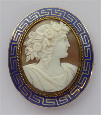 Lot 113 - A Cameo Brooch, with a blue enamelled frame, measures 4.7cm by 5.6cm