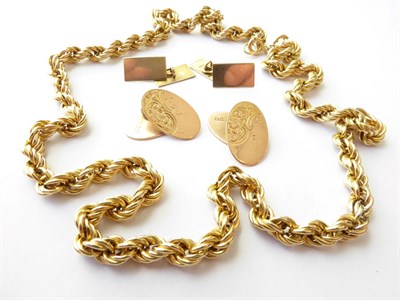 Lot 114 - A 9 Carat Gold Ropetwist Necklace, length 51cm; A Pair of 9 Carat Gold Cufflinks; and A Pair of...