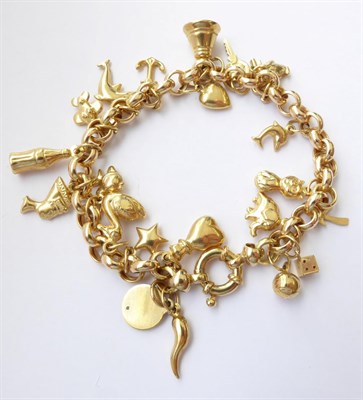 Lot 131 - A 9 Carat Gold Charm Bracelet, hung with various charms including a bell, a plane, an elephant etc
