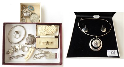 Lot 138 - A Quantity of Silver Jewellery, including a necklace and earring suite, a ingot on chain, brooches