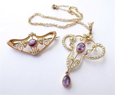 Lot 151 - An Amethyst and Split Pearl Pendant, stamped '9CT' on chain (a.f.), chain length 43cm; and A...