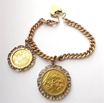 Lot 161 - A Charm Bracelet, each link stamped '9' and '.375', hung with a 1906 half sovereign and a 1903 full