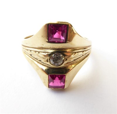Lot 172 - A Synthetic Princess Cut Ruby and Diamond Three Stone Ring, stamped '14K', finger size U1/2