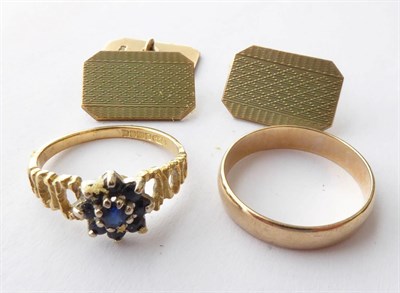 Lot 176 - A Pair of 9 Carat Gold Cufflinks; An 18 Carat Gold Sapphire Cluster Ring, finger size J; and A...