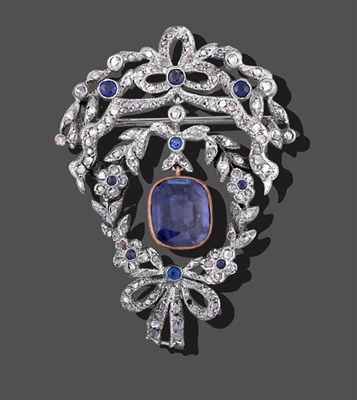 Lot 2002 - A Synthetic Sapphire and Diamond Garland Brooch, with bow, foliate and swag motifs, measures...